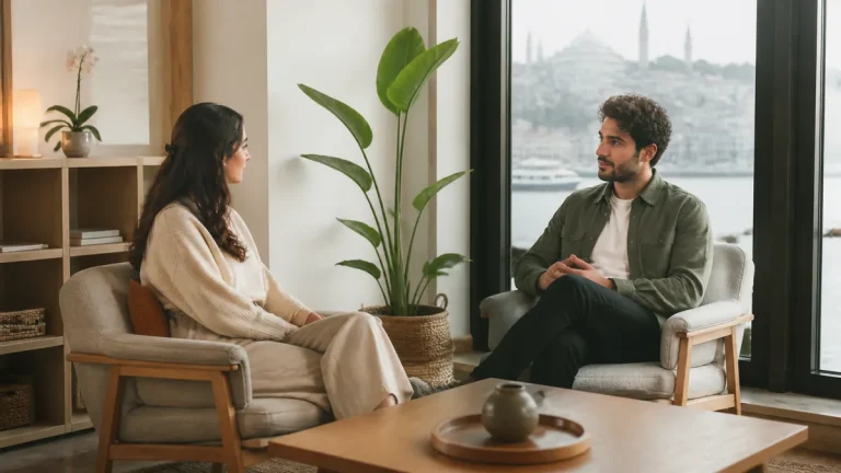 Nişantaşı çift terapisi görüşmesinde birbirini dinleyen çift