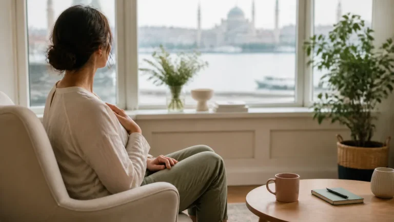 Şişli panik atak terapisi sürecinde sakin nefes egzersizi yapan danışan